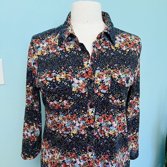 Eden & Olivia M Black Floral Flower Button Down Top Comfy Roll Up Sleeves 0767 - Picture 2 of 13
